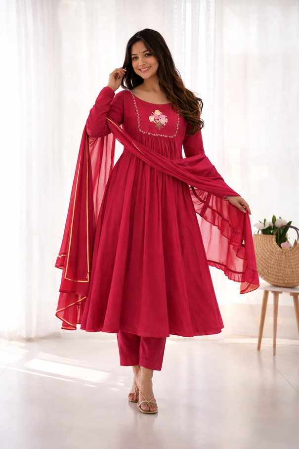 Beautifull Red Color Viscos With Heavy Butter Cotton Work Gown