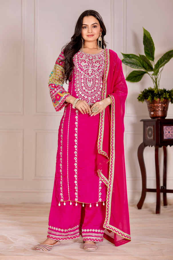 NEW VICHITRA SILK PARTY WEAR LOOK TOP PLAZZO AND DUPATTA SET FULLY STITCHED