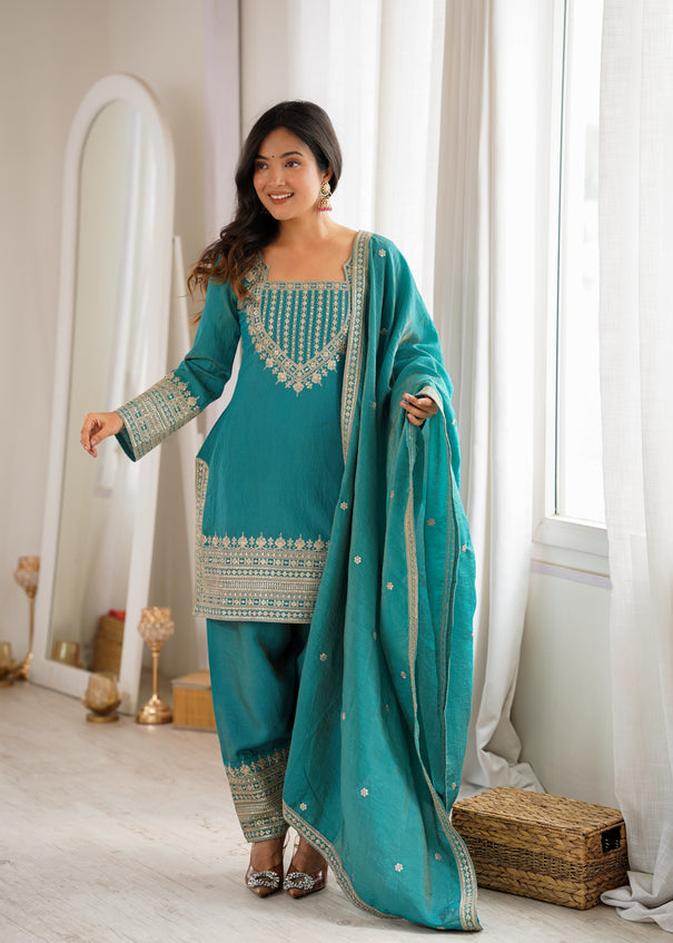 NC Vichitra Silk Embroidered Bell Bottom Suit Set