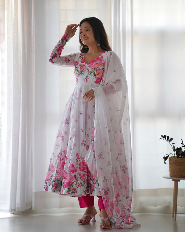Christmas Special White Flower Printed Anarkali Gown