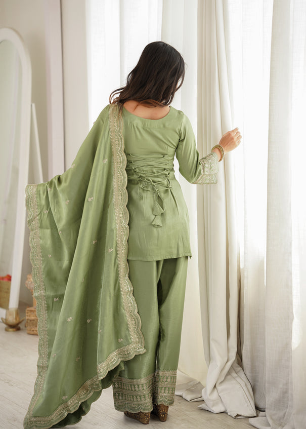 Most Viral Green Color Glass Roman Silk With Embroidery Work Top Farshi