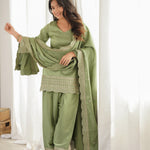 Most Viral Green Color Glass Roman Silk With Embroidery Work Top Farshi