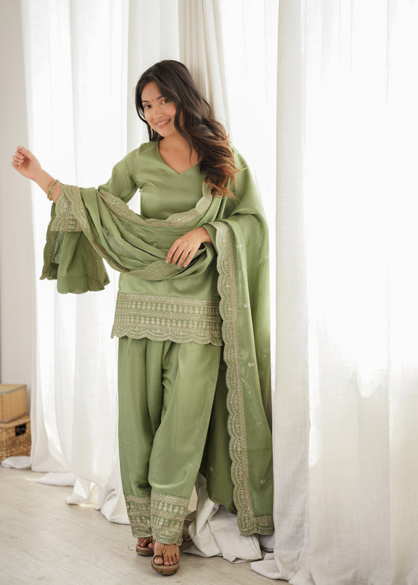 Most Viral Green Color Glass Roman Silk With Embroidery Work Top Farshi