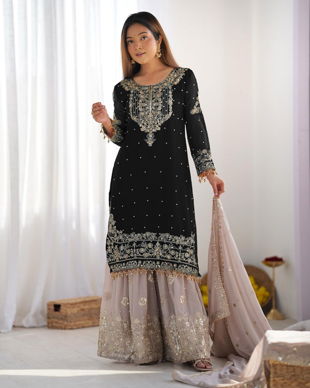Heavy Faux Goergette Heavy Embroidery Work With Dori Sequence Work Top Plazzo