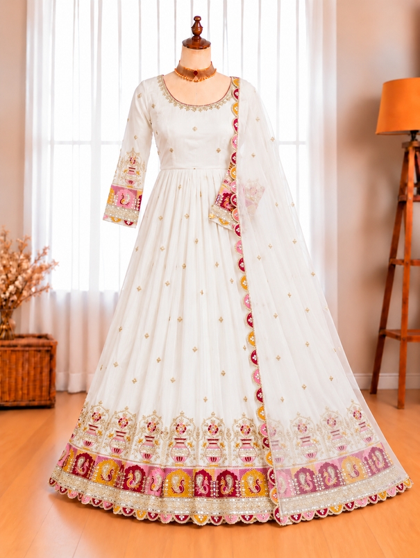 Pure Blooming Georgette Embroidered Gown with Micro Silk Pant & Sequins Dupatta