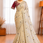 Fendy Satin Half Weaving Saree with Embroidery Work & Matching Stitched Embroidered Blouse