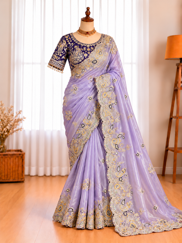 Fendy Satin Embroidered Saree with Matching Stitched Blouse