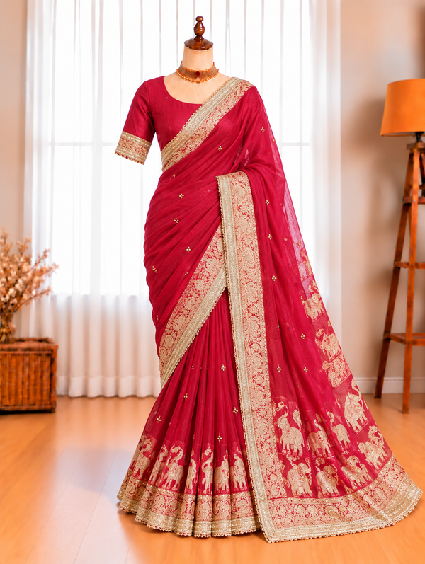 Pure Soft Fendy Chiffon Saree with Gungroo & Fancy Lace Border Work Blouse