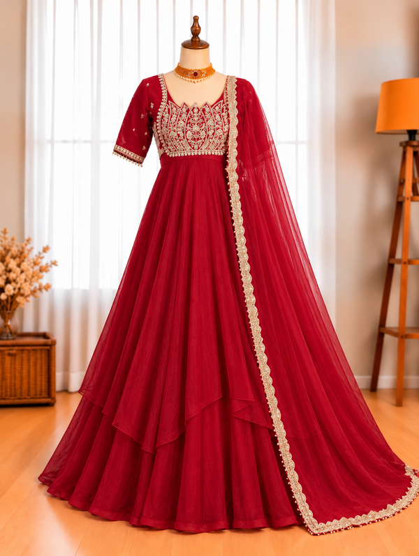 Cutdana Embroidered Gown with Pant & Sequin Butterfly Net Dupatta