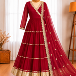 Georgette Gown with Gotta Patti Lace & Real Mirror Work, 15-Meter Flair & Embroidered Dupatta
