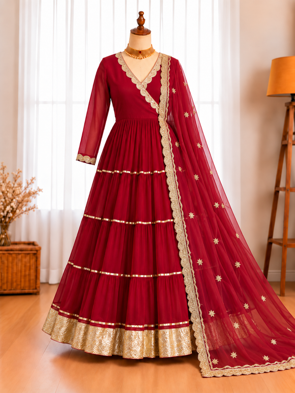 Georgette Gown with Gotta Patti Lace & Real Mirror Work, 15-Meter Flair & Embroidered Dupatta