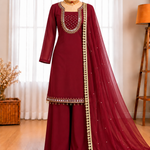 Faux Georgette Top Palazzo Set with Hand Mirror & Moti Work