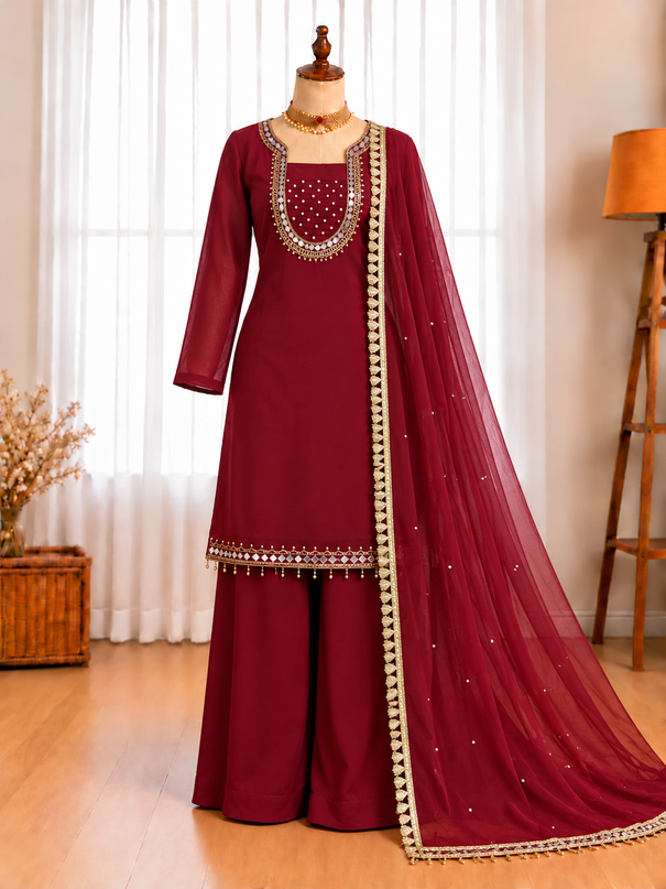 Faux Georgette Top Palazzo Set with Hand Mirror & Moti Work