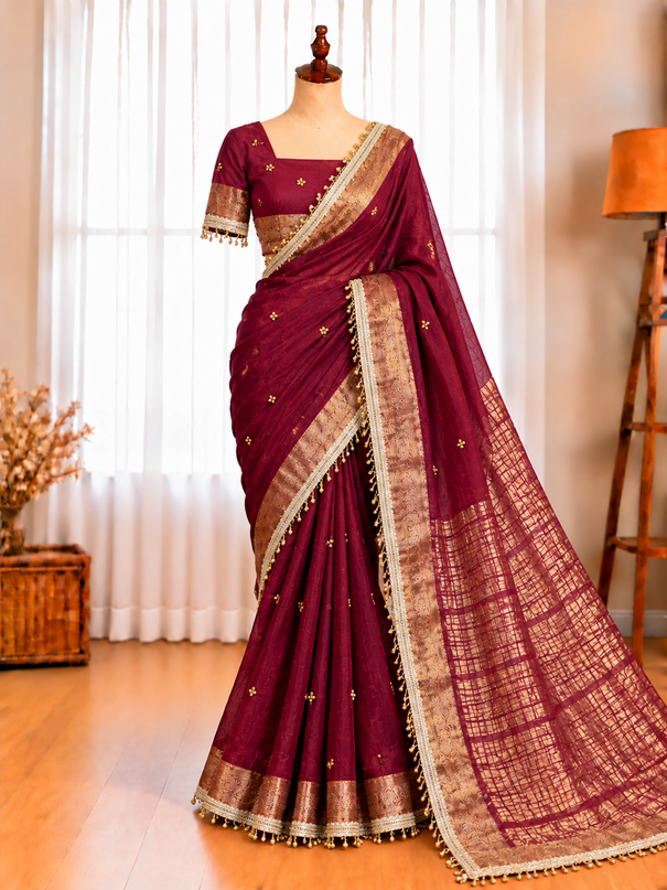 Soft Tissu Silk Saree with Ghungroo Work, Lace Border & Latkan Details