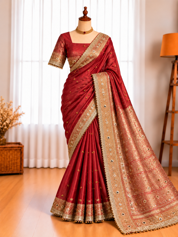 Premium Tissue Saree with Golden Motifs, Lace & Ghungroo Work