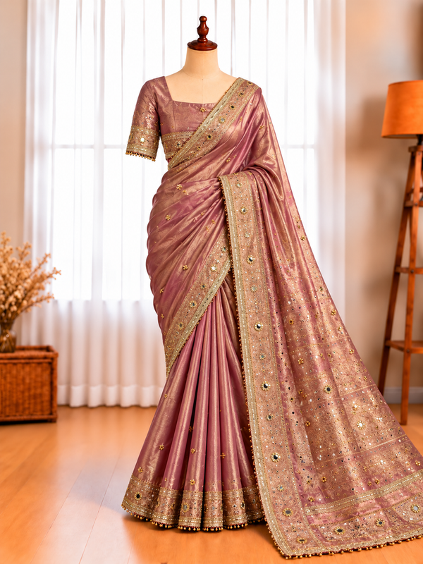 Premium Tissue Saree with Stone & Mirror Work and Ghungroo Blouse