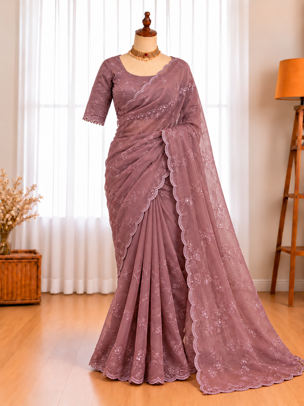 Status Silk Saree with Tone-to-Tone Thread Embroidery & Sequin Blouse