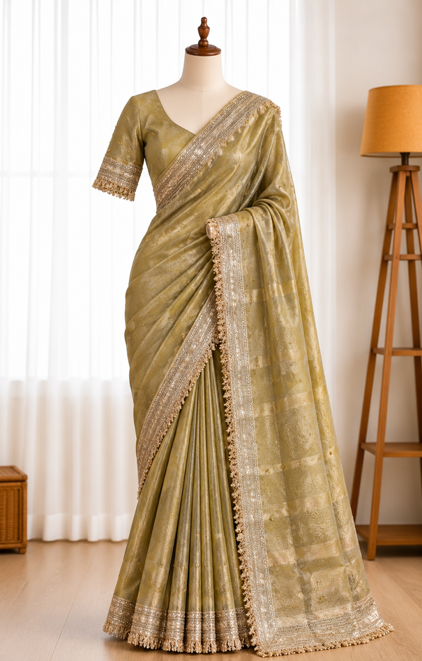 Pure Soft Banarasi Satin Silk Saree with Gungroo & Lace Work
