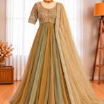 Pure NC Moss Silk Embroidered Gown with Pant & Butterfly Net Lace Dupatta