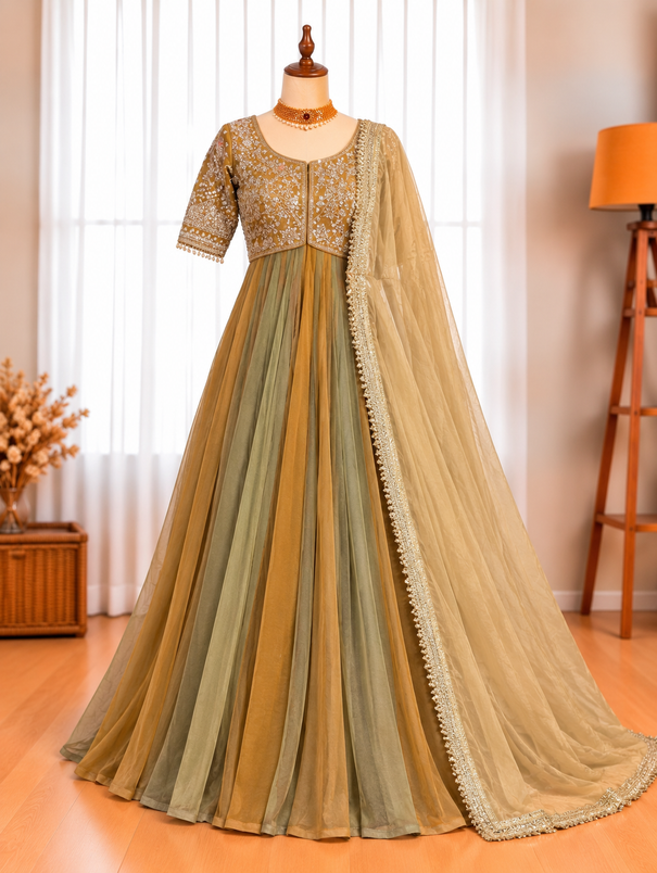 Pure NC Moss Silk Embroidered Gown with Pant & Butterfly Net Lace Dupatta