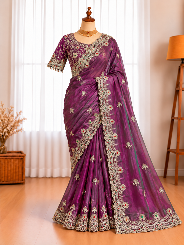 Soft Space Silk Saree with Heavy Embroidery & Sequin Work and Rich Zari Embroidered Stitched Blouse