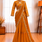 Faux Georgette Lehenga Saree with Ruffle, Mirror & Embroidery Work Blouse