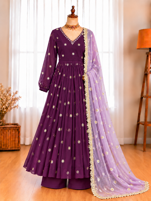 Embroidered Gown with Pant & Dupatta