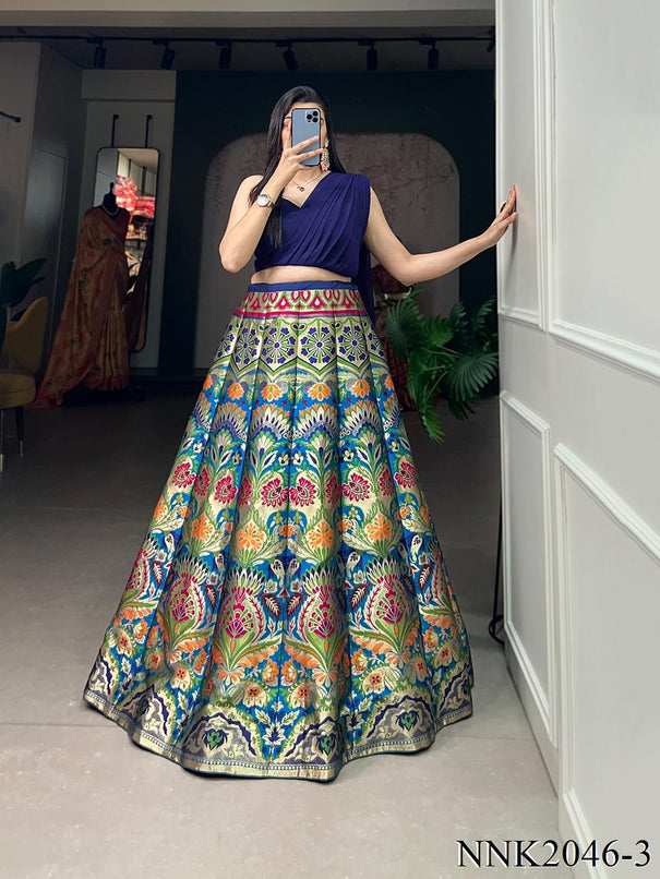 Blue Color Zari Work Banarasi  Silk Lehenga