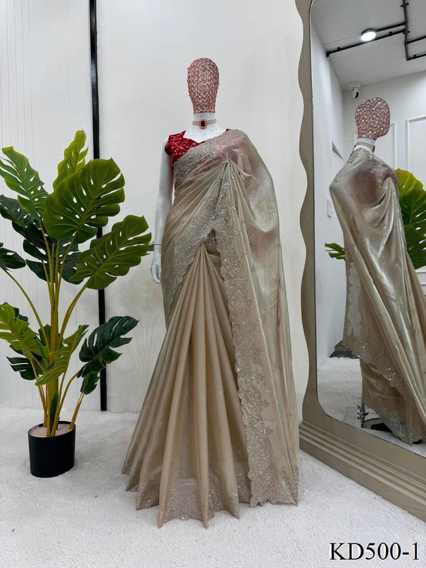 Beautifull Beige Color Jimmy Chu Thred & Sequience Work Saree