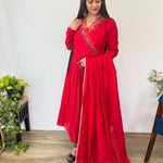Red Color Cotton Chanderi Hand Work Gown