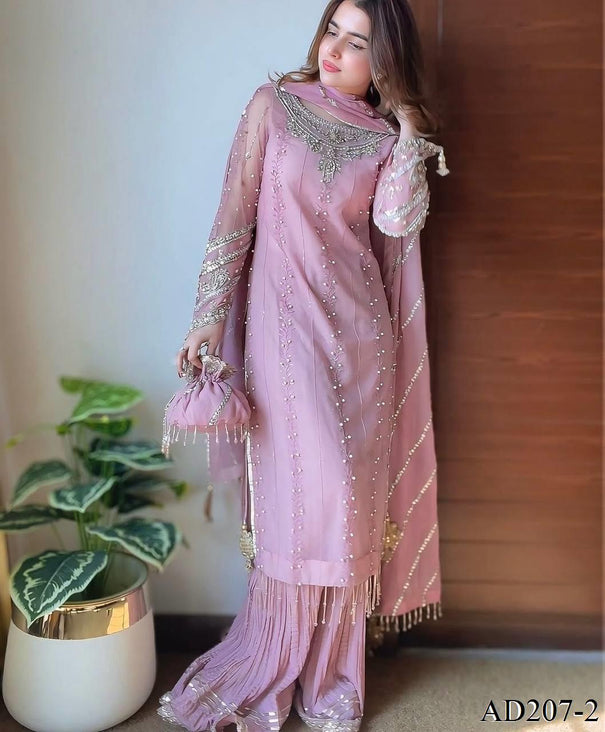 Pink Color Heavy Faux Georgette Embroidery Work Top Plazzo
