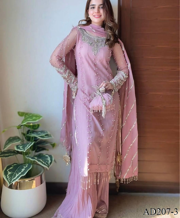 Pink Color Heavy Faux Georgette Embroidery Work Top Plazzo