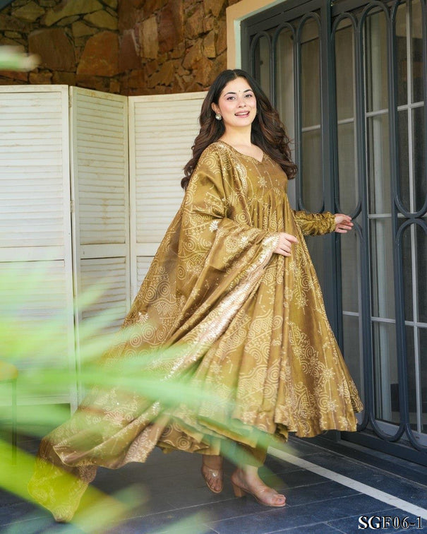 pure Soft Muslin Bandhej Print With Plain Work Anarkali