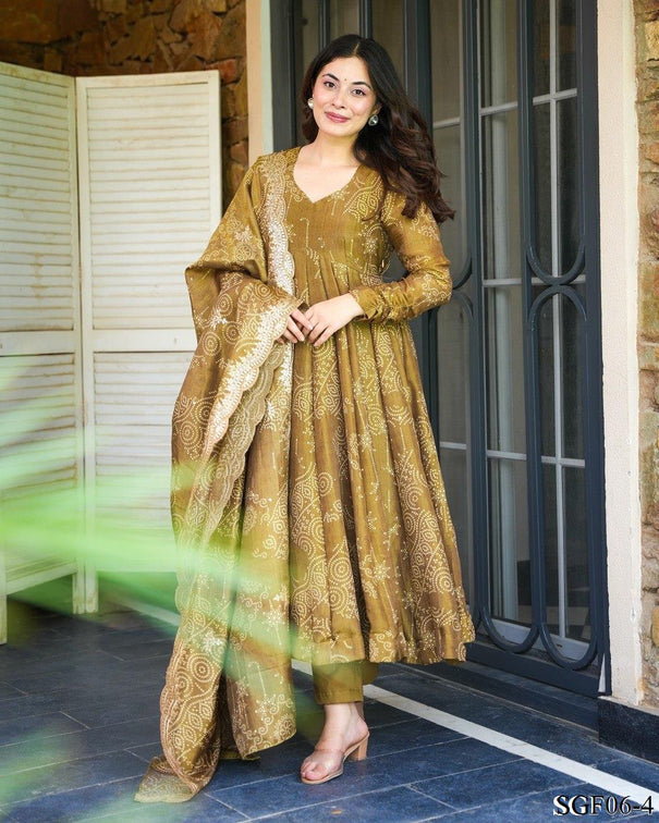 pure Soft Muslin Bandhej Print With Plain Work Anarkali
