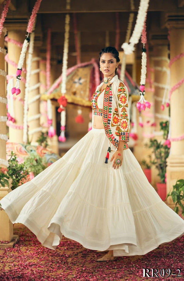 White Color Pure Cotton Embroidery Work Lehenga