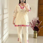 White Color Pure Khadi Cotton Schiffli Work Top Pent