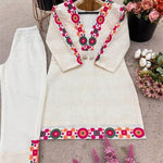 White Color Pure Khadi Cotton Schiffli Work Top Pent