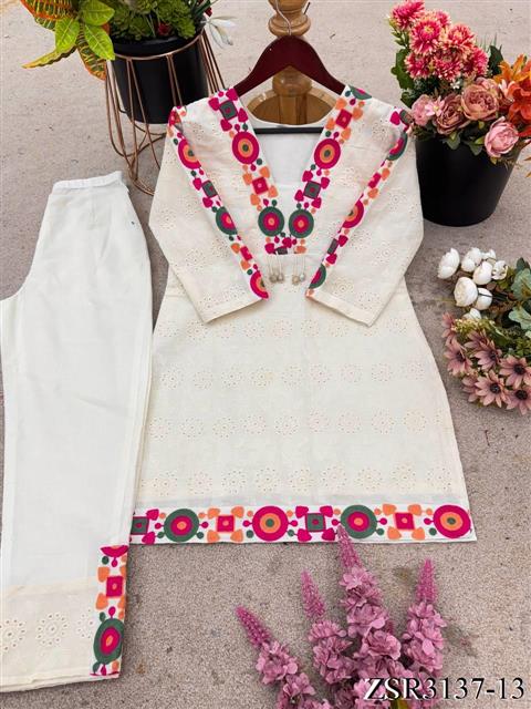 White Color Pure Khadi Cotton Schiffli Work Top Pent