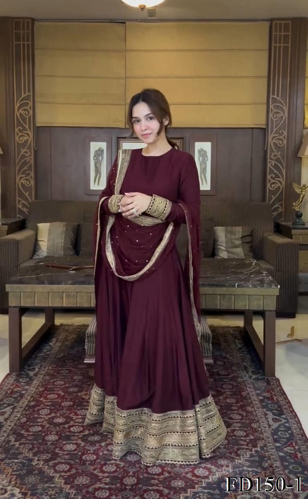 Wine Color Chinon Silk Embroidery Work Gown