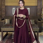 Wine Color Chinon Silk Embroidery Work Gown