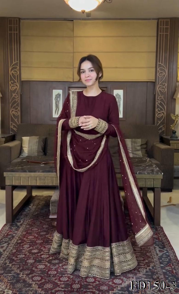 Wine Color Chinon Silk Embroidery Work Gown