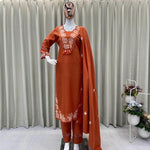 Orange Color Reyon Slub Cotton Embroidery Work Top Pent