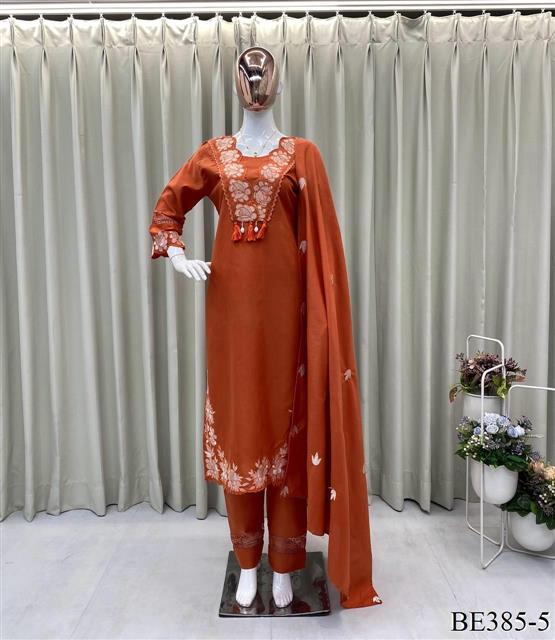 Orange Color Reyon Slub Cotton Embroidery Work Top Pent