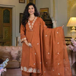 Orange Color Reyon Slub Cotton Embroidery Work Top Pent