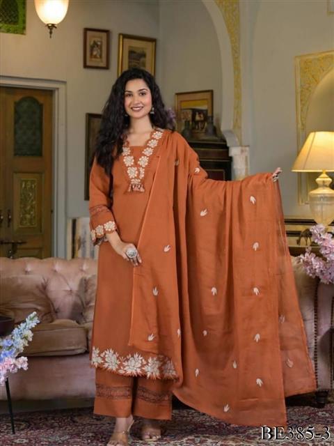 Orange Color Reyon Slub Cotton Embroidery Work Top Pent