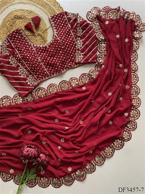 Red Color Faux Georgette Sequience Work Saree