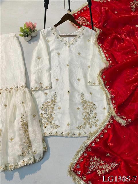 White Color Fendy With Sequins Embroidery Work Top Sharara