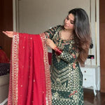 Green Color Faux georgette Embroidery Work Kurti