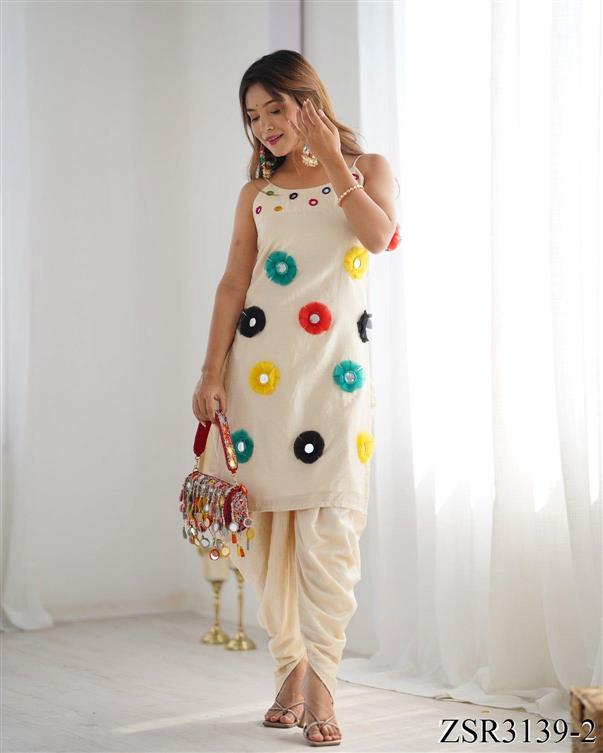 Beautifull White Color Khadi cotton Mirror Work Top Dhoti