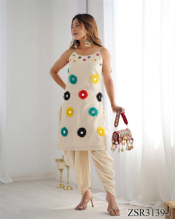 Beautifull White Color Khadi cotton Mirror Work Top Dhoti
